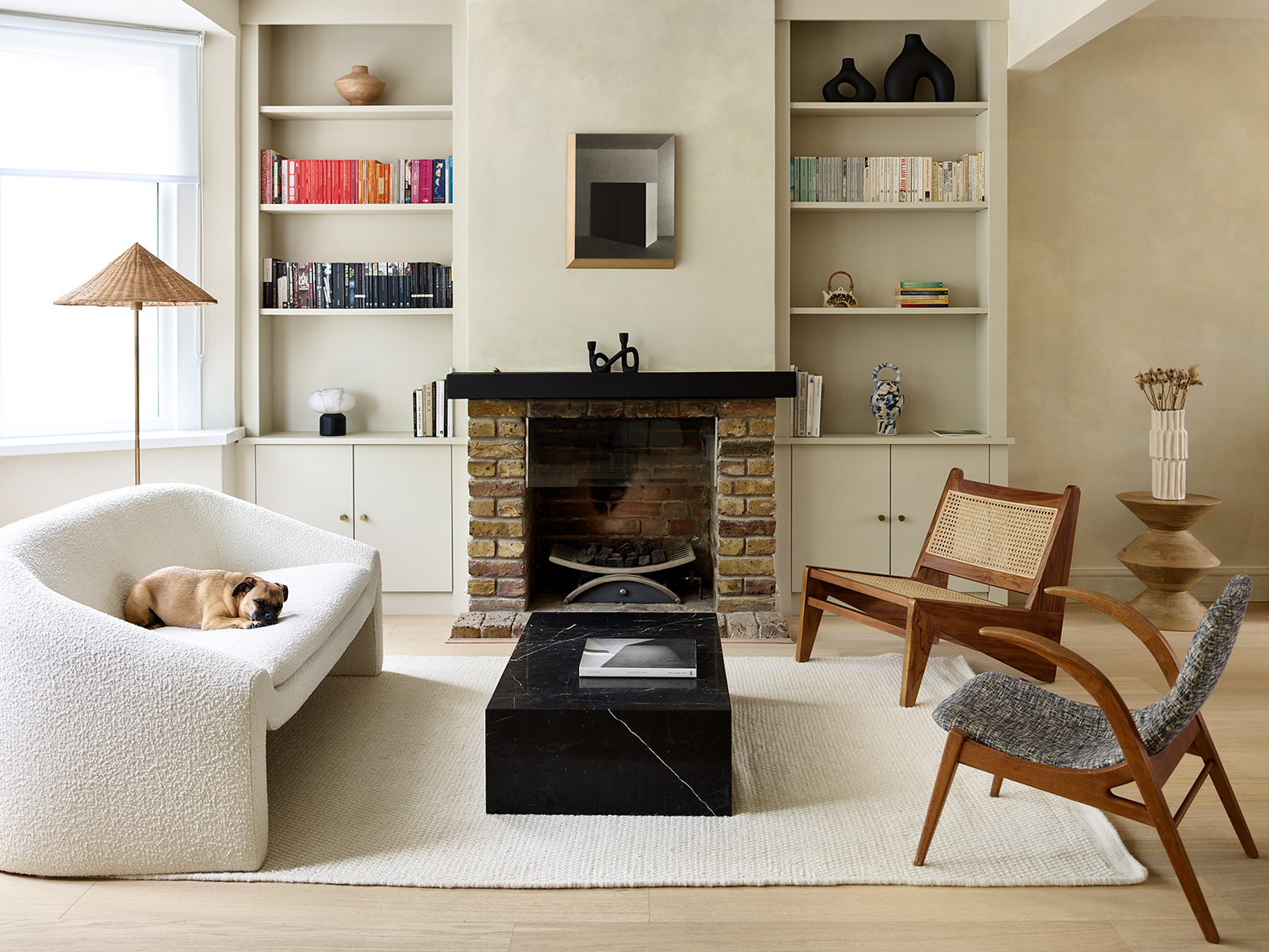 Made to measure, floor to ceiling contemporary alcove cabinets painted in Soft Pelican by Valspur Paint UK