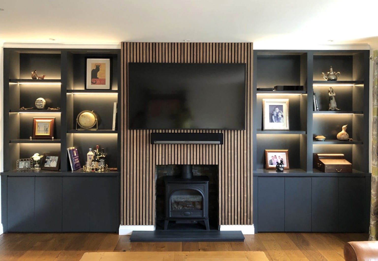 Contemporary four-door base-cabinet and double-bookcase alcove cabinets